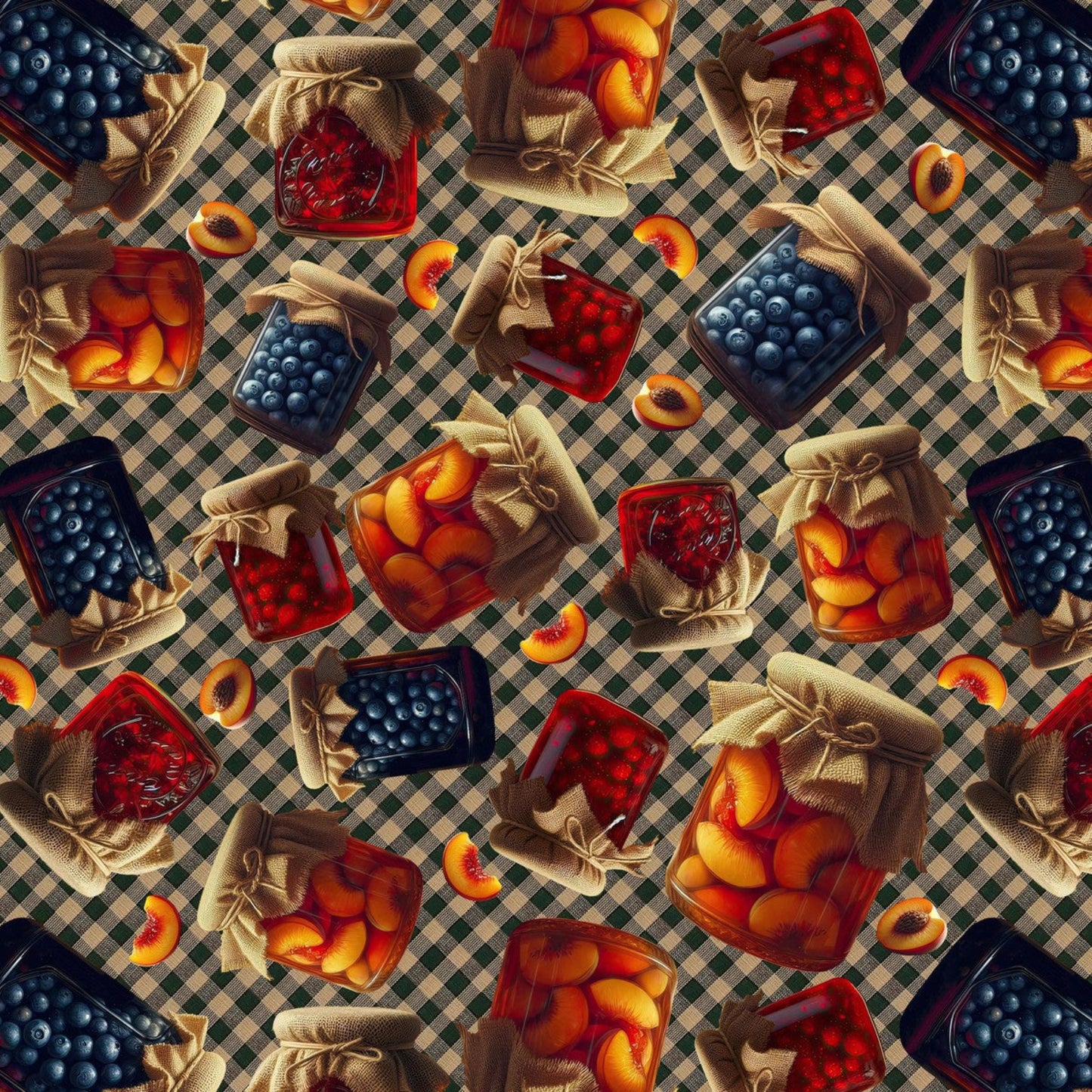 Homestead Heritage - Blank Quilting-BTY-Jam and Jelly Jars Tossed on Checked B/G