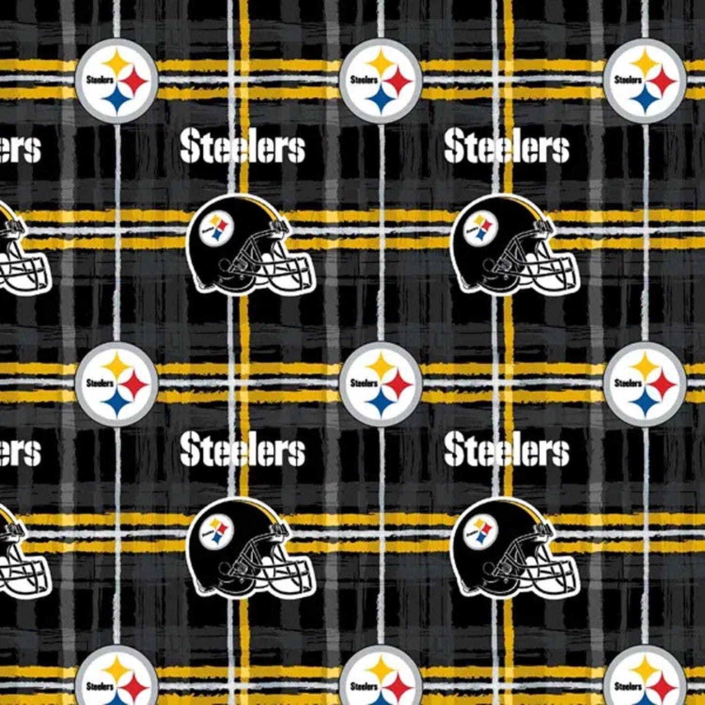 Pittsburgh Steelers Flannel Fabric-Logo-Helmets-Plaid B/G-BTY-Fabric Traditions