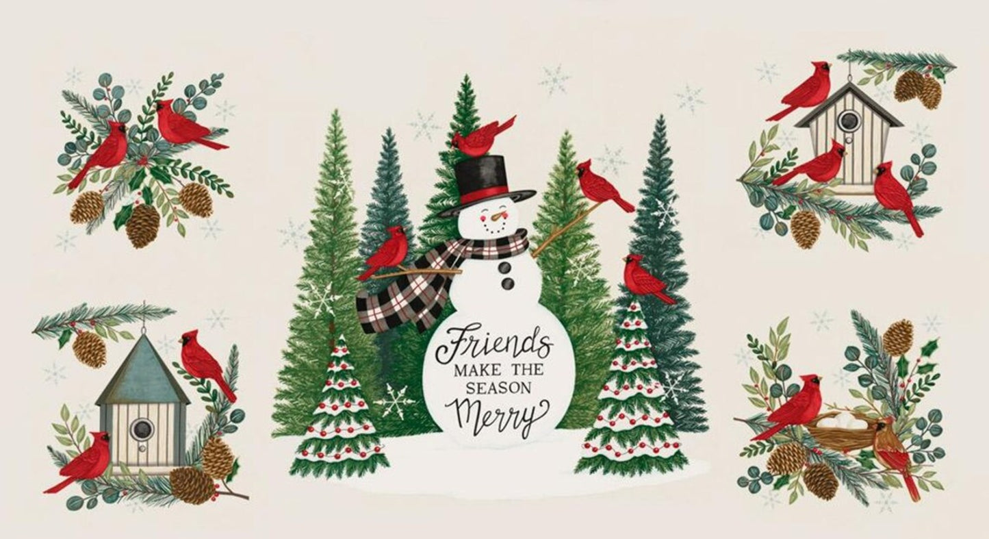 Winter Friends Panel-Moda Fabrics-Snowman-Trees-Birds