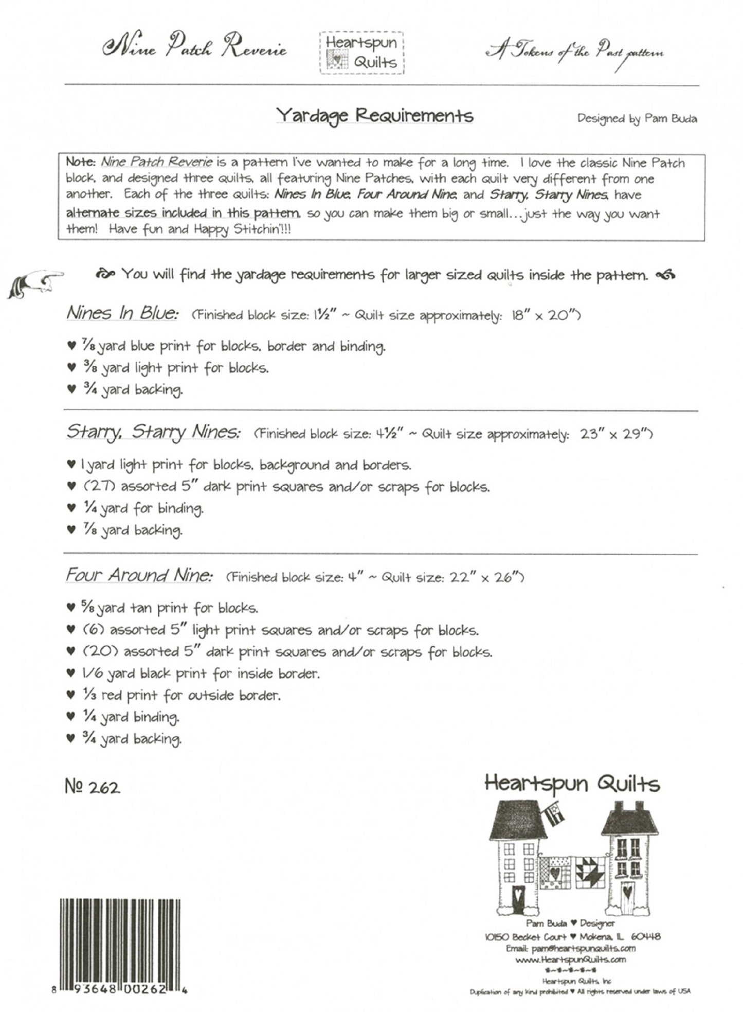 Tokens of the Past "Nine Patch Reverie" Pattern by Heartspun Quilts