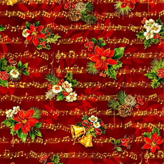 Noel Sheet Music-Red B/G w/Poinsettias & Bells-Oasis Fabric-Digital-BTY