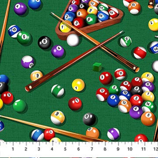Pool Table-Pool Sticks-Pool Balls-BTY-Northcott Fabrics-Man Cave-Game Room