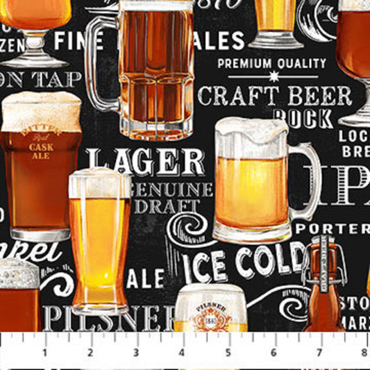 Beer Glasses on a Black B/G With Words-The Cave-Northcott Fabrics-BTY