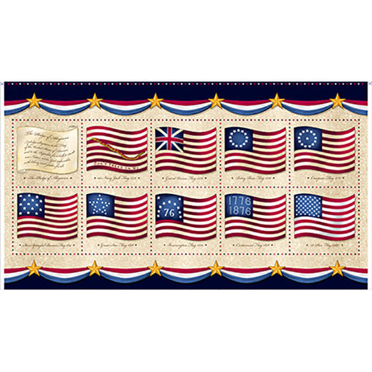Long May She Wave "American Flags" Panel Cream B/G-Quilting Treasures