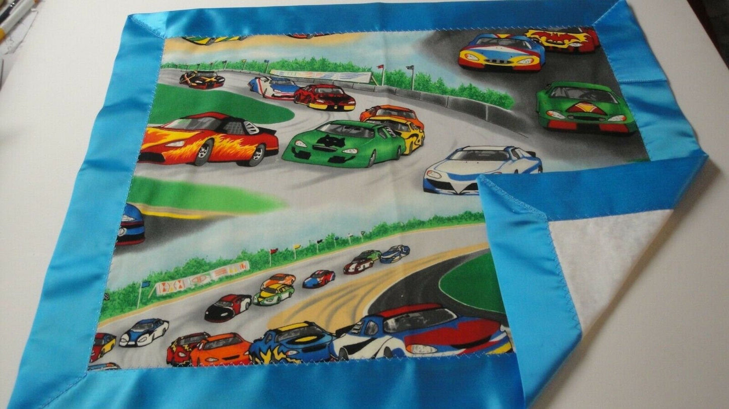 Lovey-Race Cars w/Blue Satin Binding