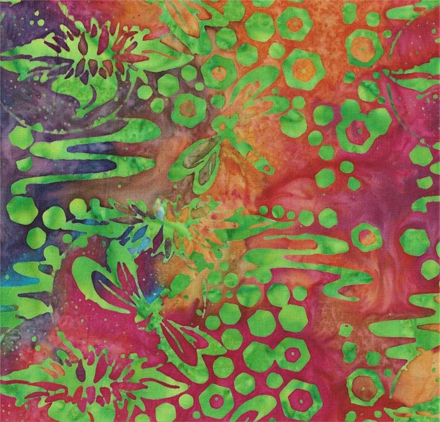 Fat Quarter-#5546-Green Dragonflies on Red-Orange B/G-Batik Textiles