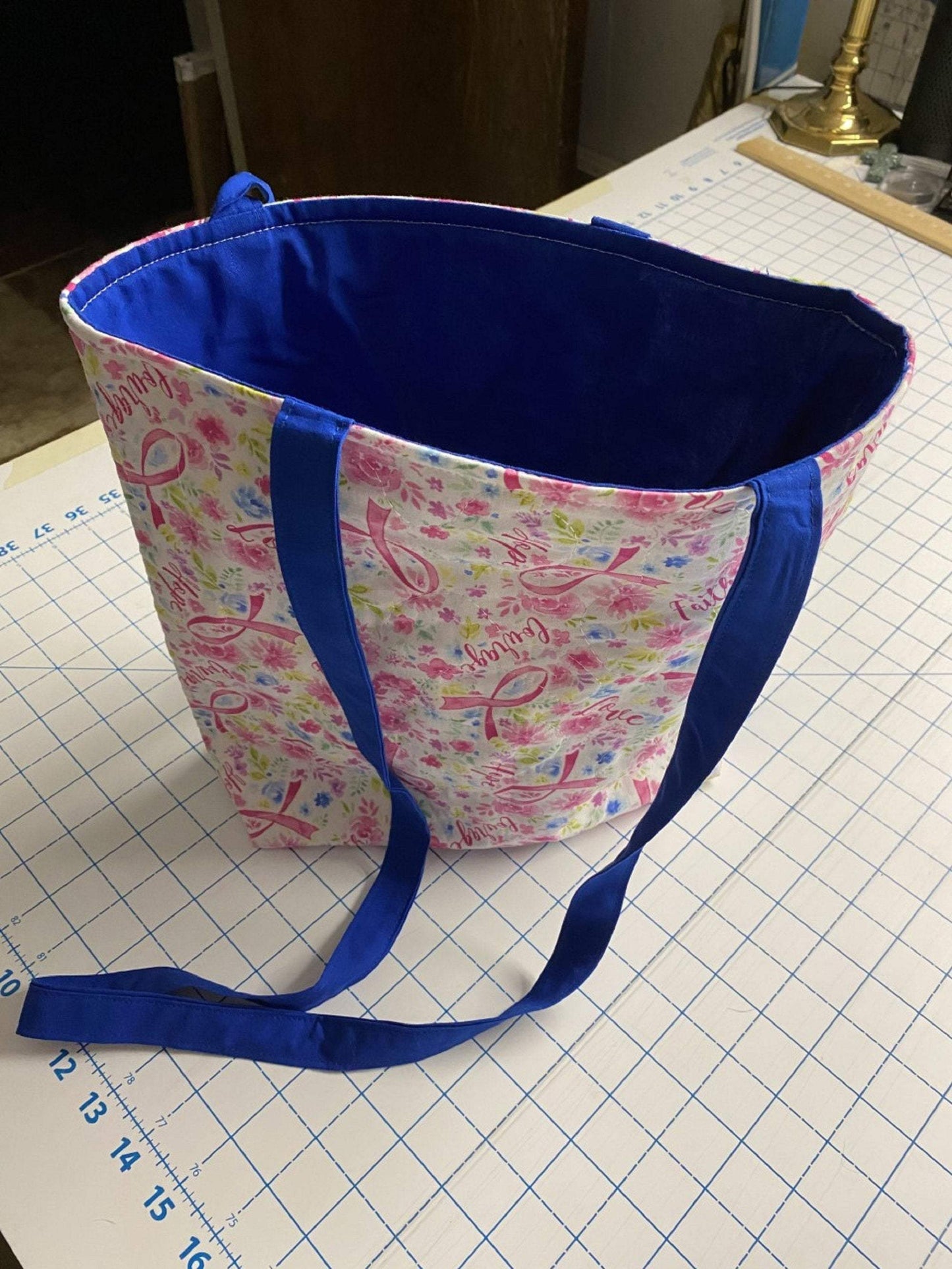 Machine-Quilted Tote Bag-Breast Cancer Floral Print