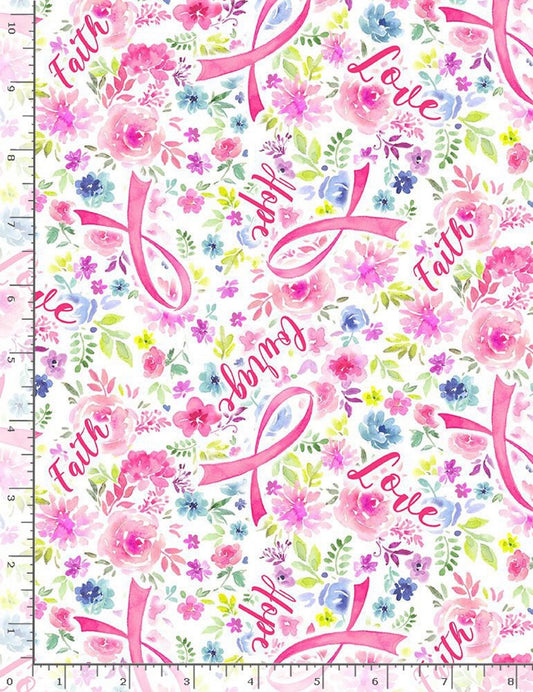 Breast Cancer Ribbons & Words Floral-Timeless Treasures-BTY