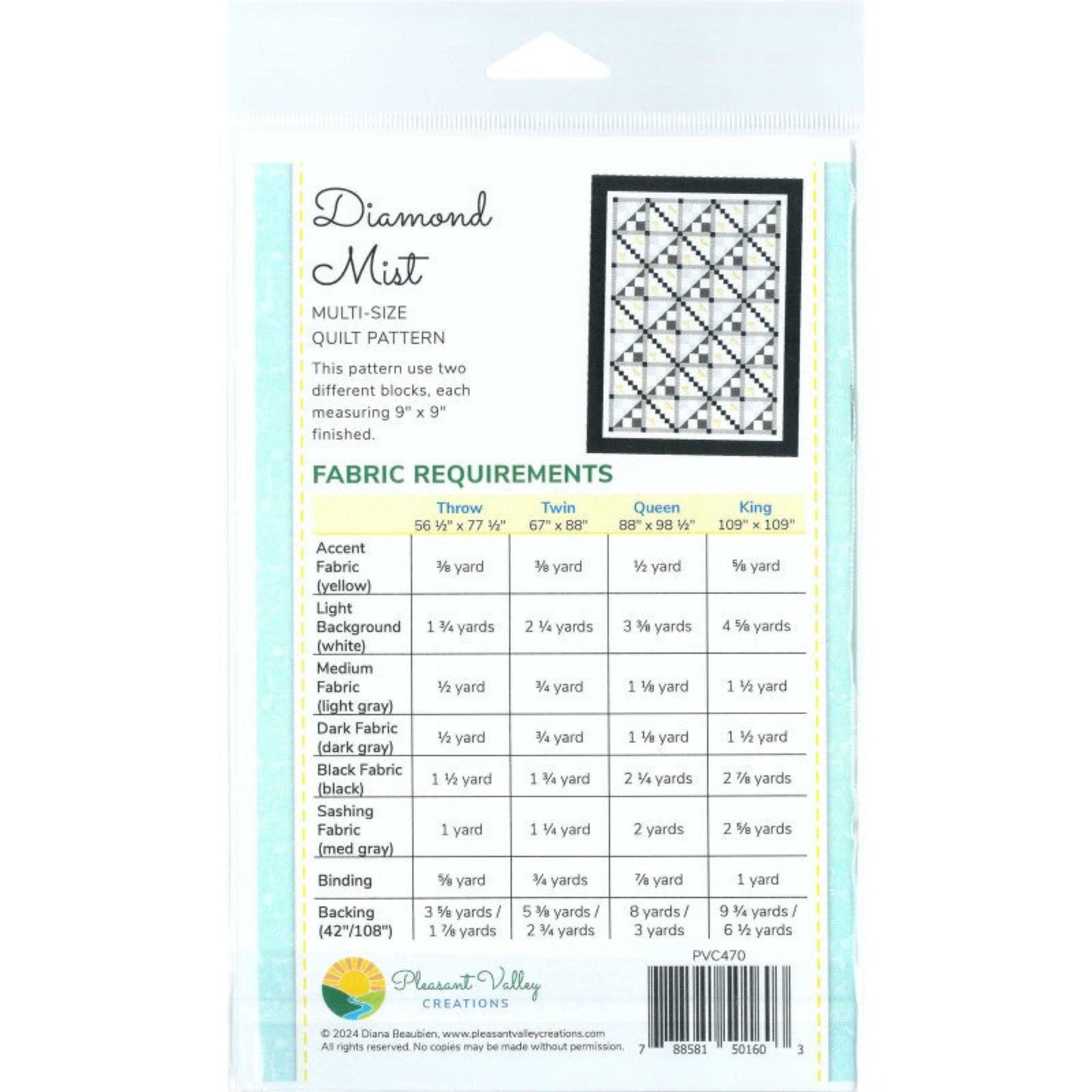 Diamond Mist Quilt Pattern - Pleasant Valley Creations-4 Sizes Incl.