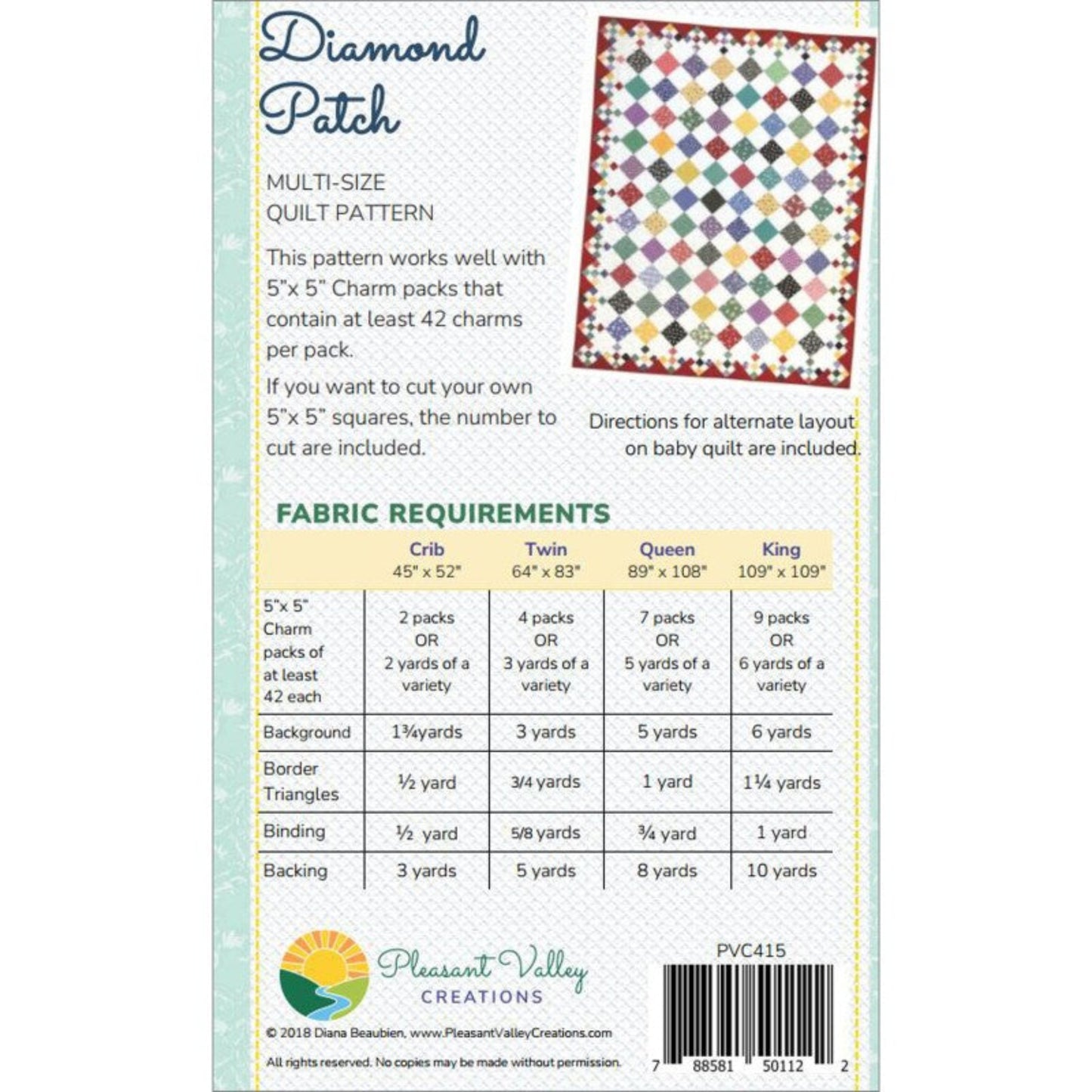 Diamond Patch Quilt Pattern-Pleasant Valley Creations-4 sizes Incl.