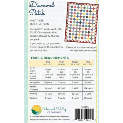 Diamond Patch Quilt Pattern-Pleasant Valley Creations-4 sizes Incl.
