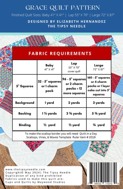 Grace Quilt Pattern by The Tipsy Needle-3 Sizes Incl.-Charm Square Friendly