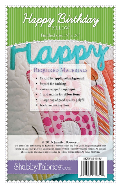 Happy Birthday Pillow Pattern by Shabby Fabrics
