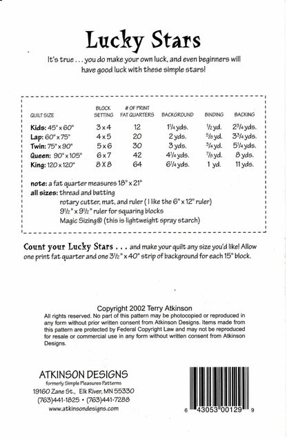 Lucky Stars Quilt Pattern-Atkinson Designs-Fat Quarter Quilt-5 Sizes Incl.