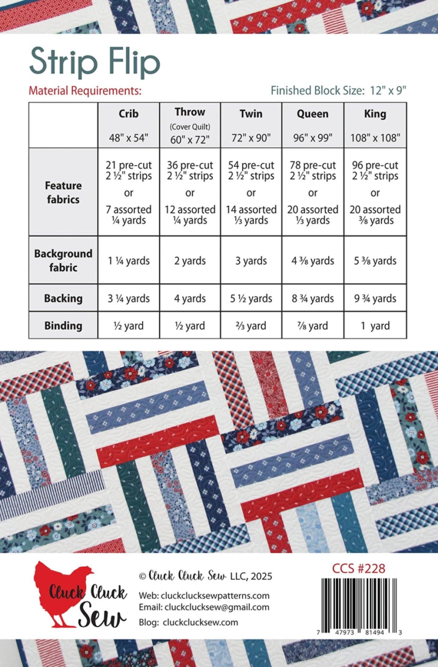 Strip Flip Quilt Pattern-Cluck Cluck Sew-5 sizes Incl.-Jelly Roll Friendly