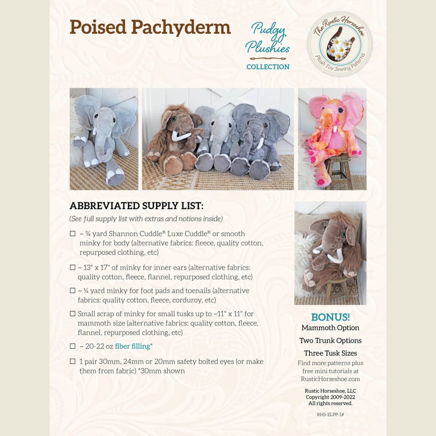 Poised Pachyderm-Pudgy Plushies-The Rustic Horseshoe-Intermediate Sewing