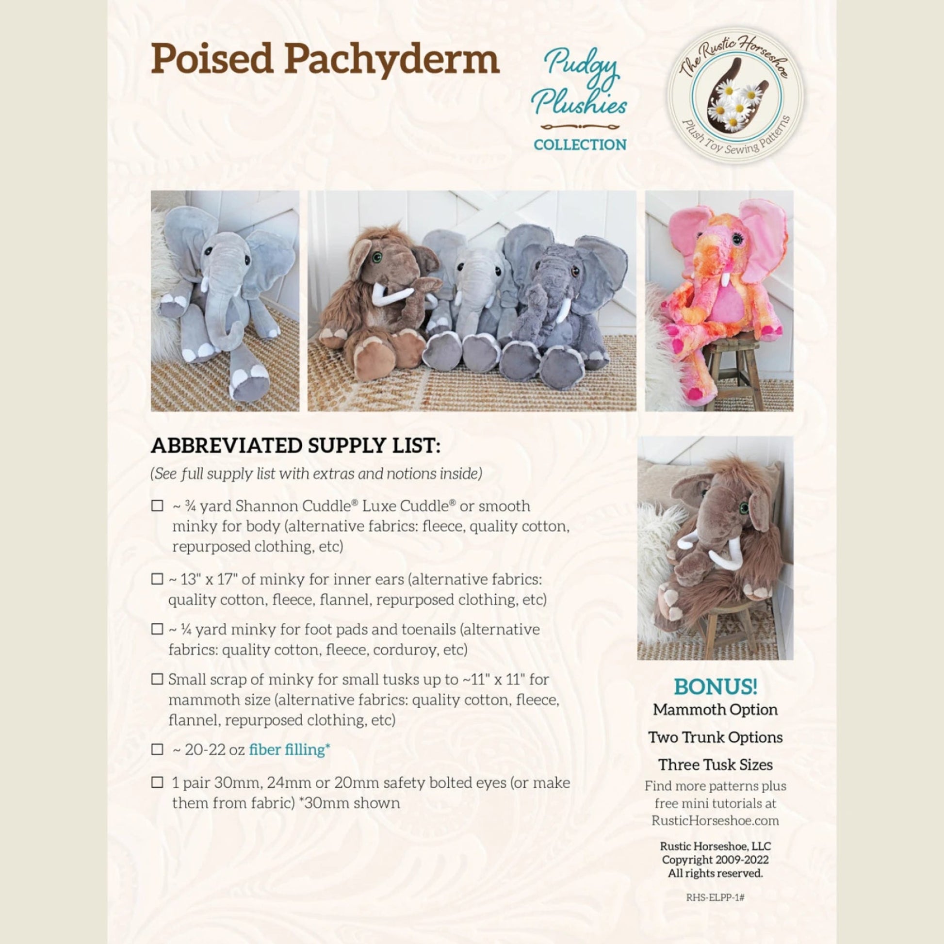 Poised Pachyderm-Pudgy Plushies-The Rustic Horseshoe-Intermediate Sewing