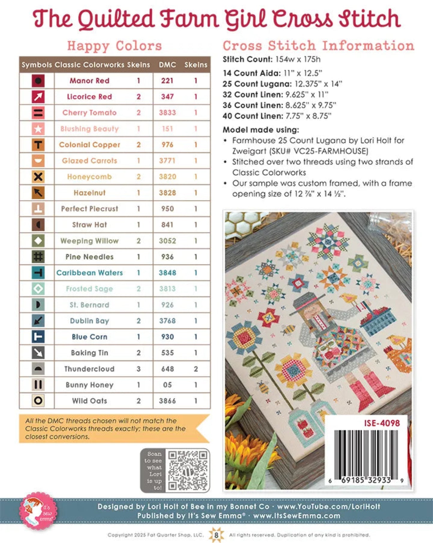 The Quilted Farm Girl Cross Stitch Pattern-Lori Holt-Bee in My Bonnet