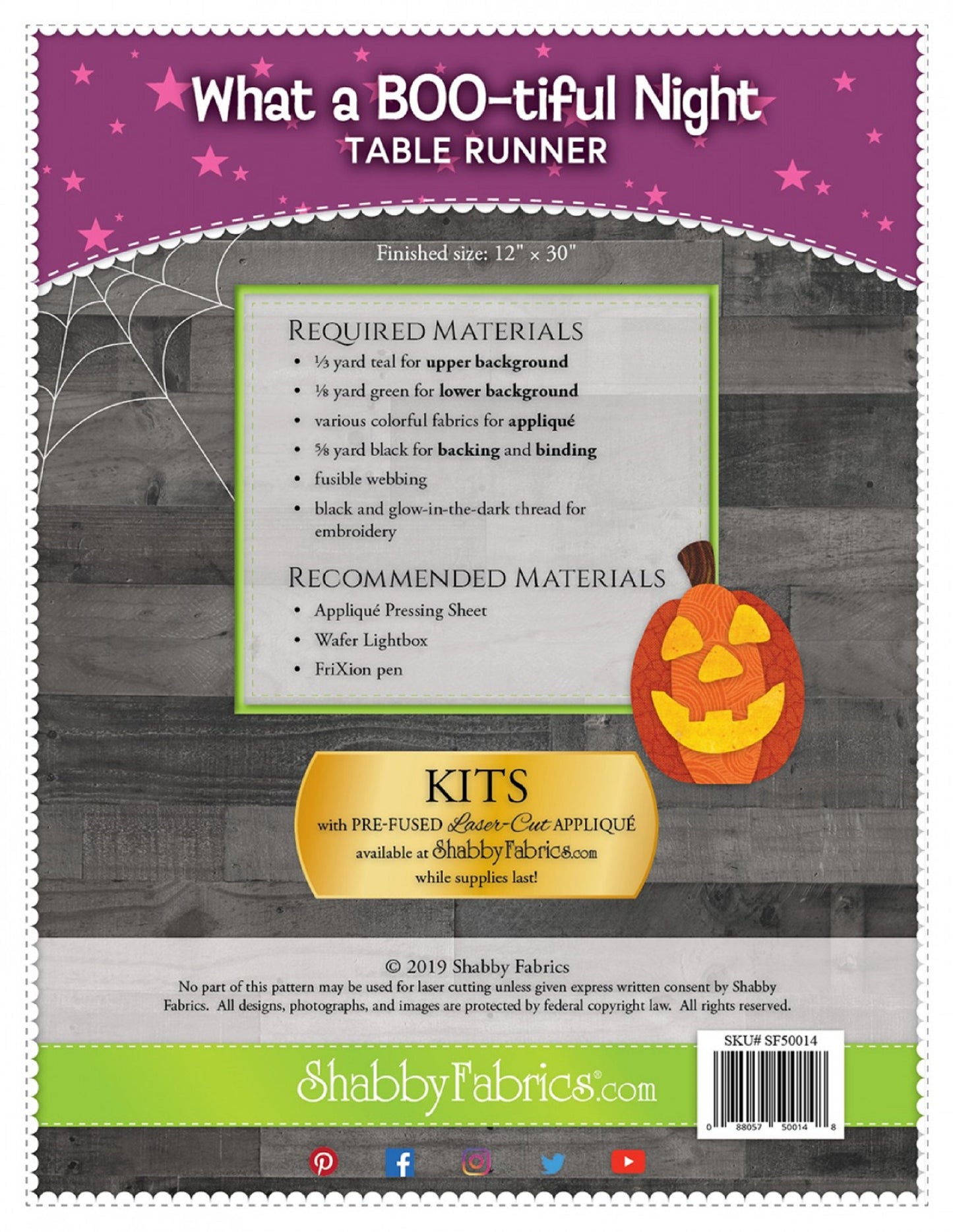 What a BOO-tiful Night Table Runner Pattern by Shabby Fabrics