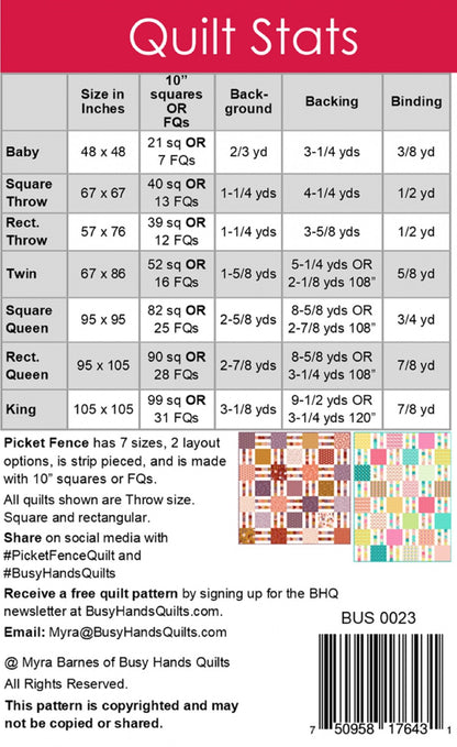 Picket Fence Quilt Pattern by Busy Hands Quilts-7 Sizes + 2 Layouts