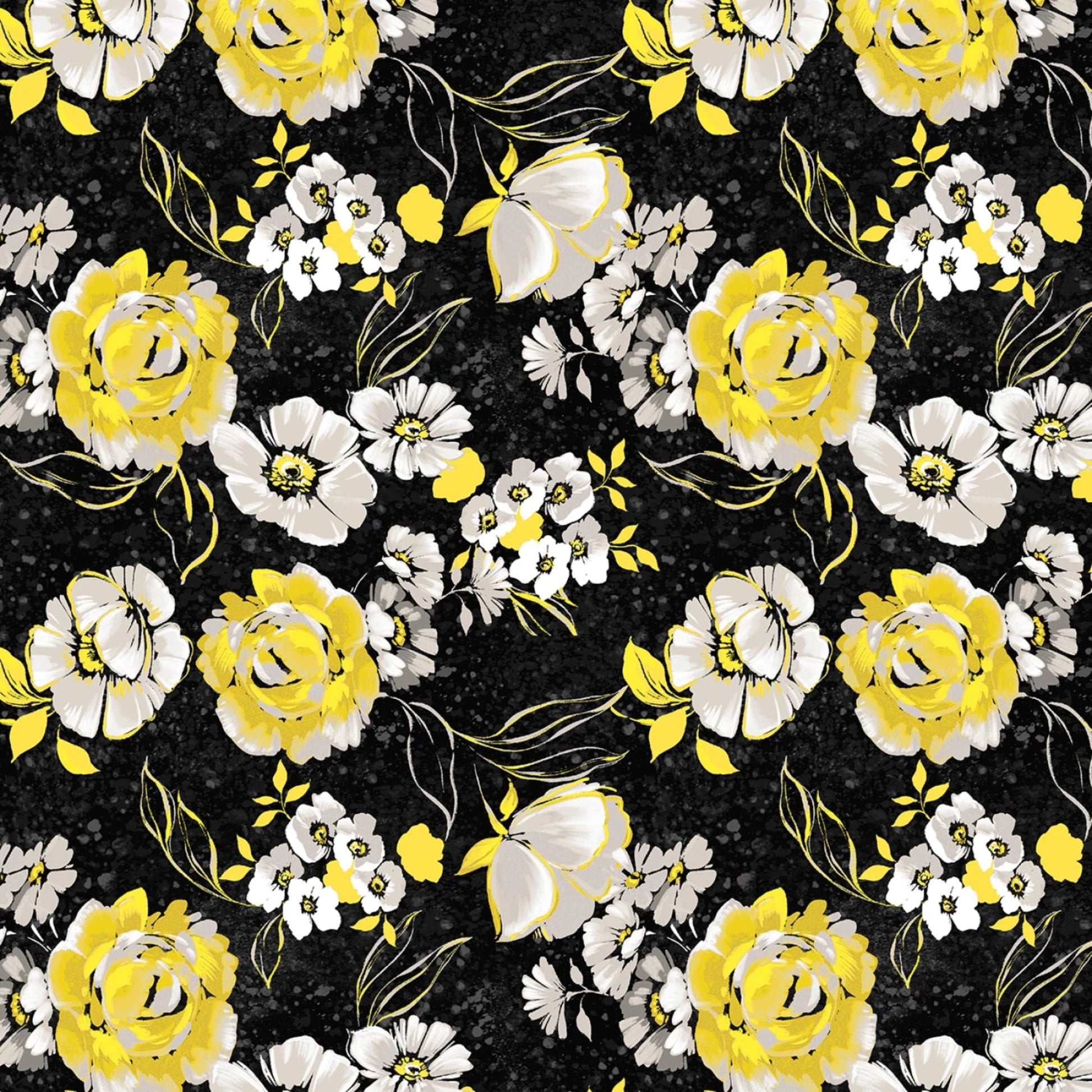 Black Fiori -Windham Studio - By The Yard-Yellow & White flowers on Black B/G