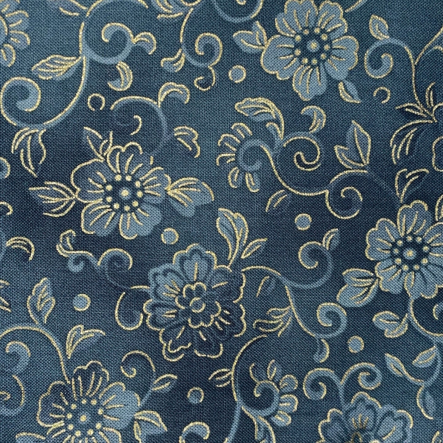 Gion by Red Rooster-Lt. Blue Floral-Scrollwork-Dk. Blue B/G-1 yard-Red Rooster