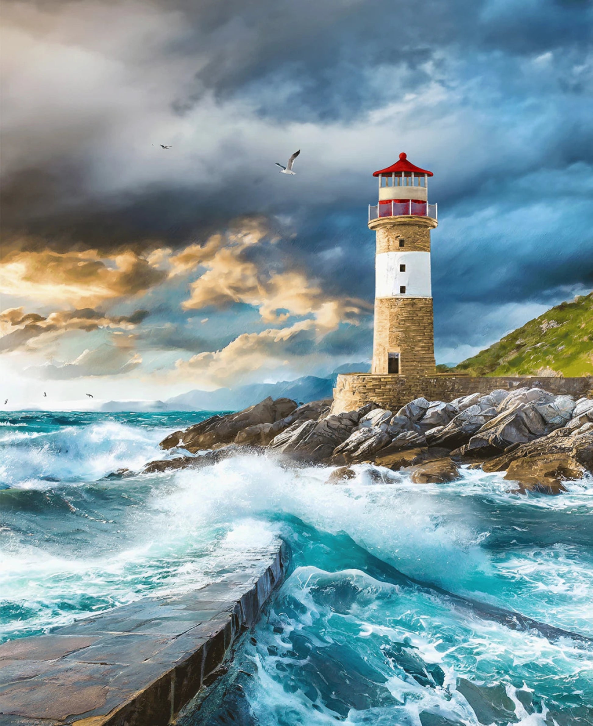 Blue-Multi Lighthouse Panel-36 Inches Wide-Henry Glass