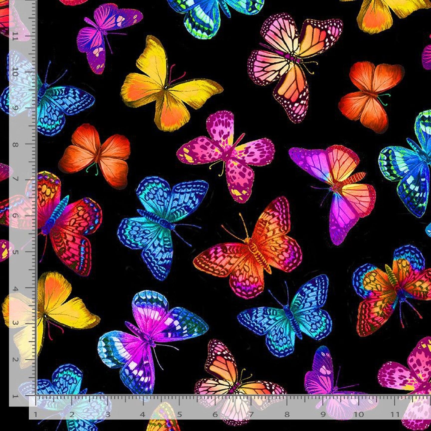 Bright Butterflies Flying-Black Background-108"-Timeless Treasures-BTY