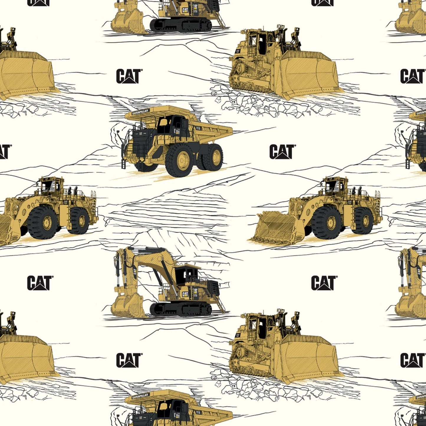 Caterpillar Heavy Equipment on White Background-Riley Blake