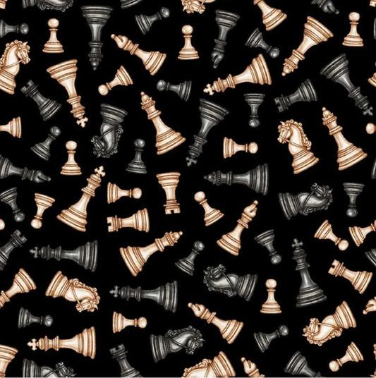 Checkmate-Chess Pieces Tossed on Black B/G-BTY-Quilting Treasures