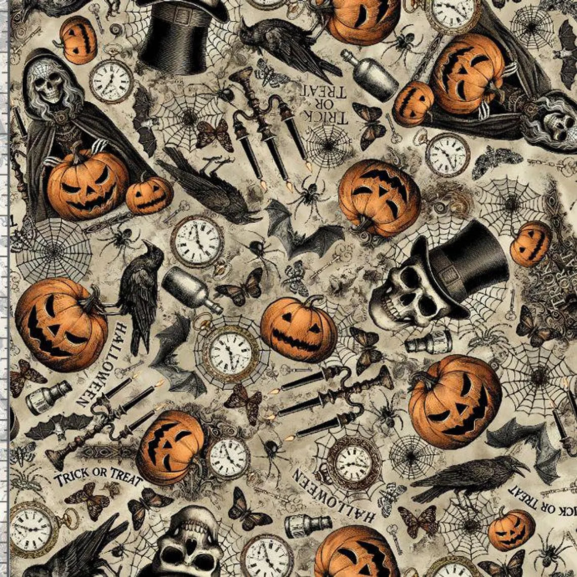 Wicked-Halloween Fabric-BTY-Timeless Treasures-Pumpkins-Crows-CD4138