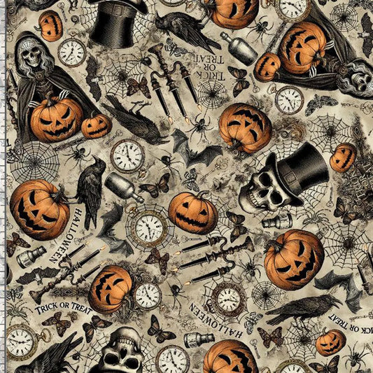 Wicked-Halloween Fabric-BTY-Timeless Treasures-Pumpkins-Crows-CD4138