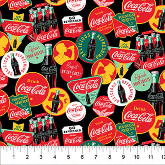 Coca Cola Labels Through the Years-Black B/G-Northcott Fabrics-BTY