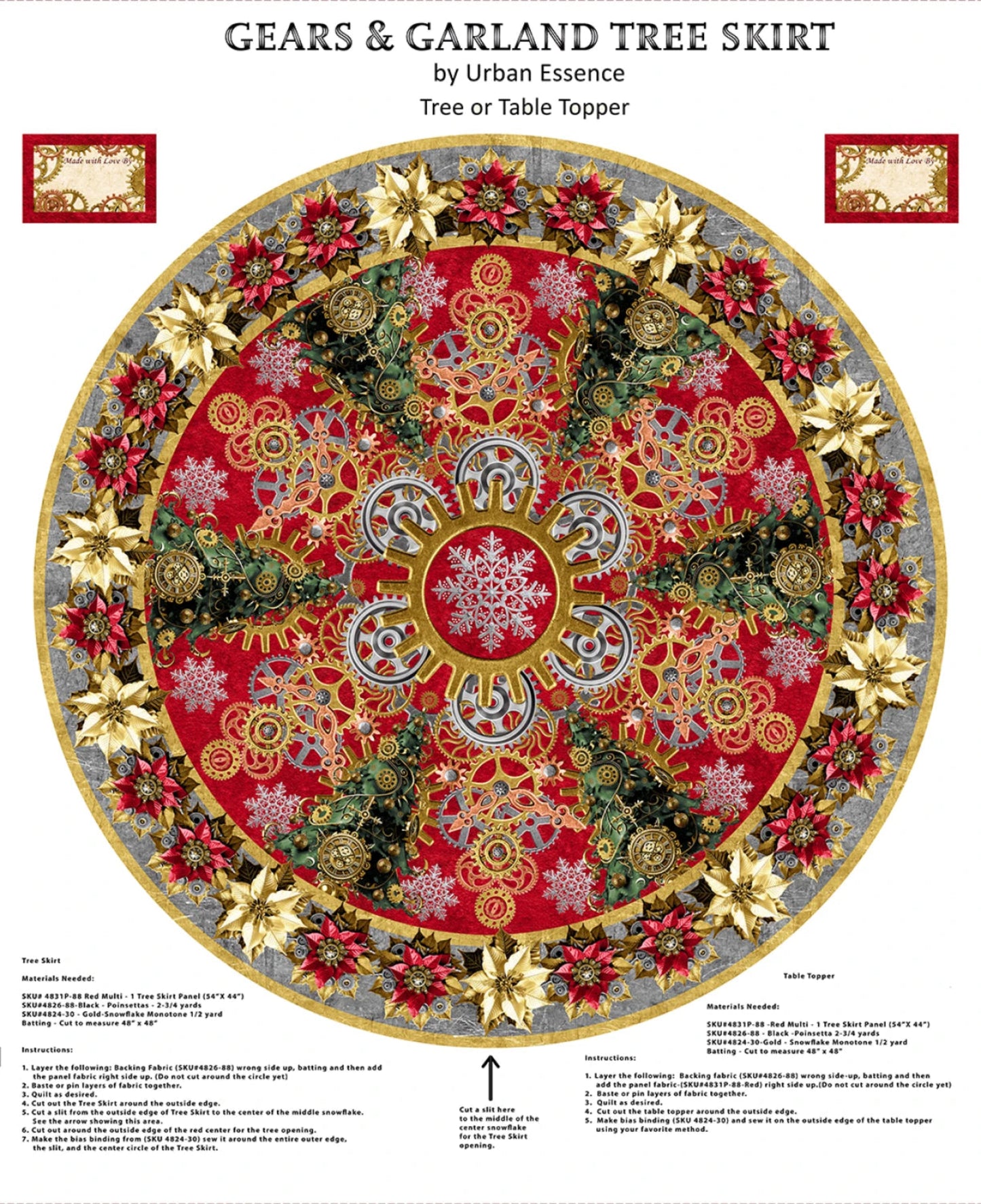 Gears & Garland Tree Skirt-54 Inch Panel-Reds and Golds-Blank Quilting
