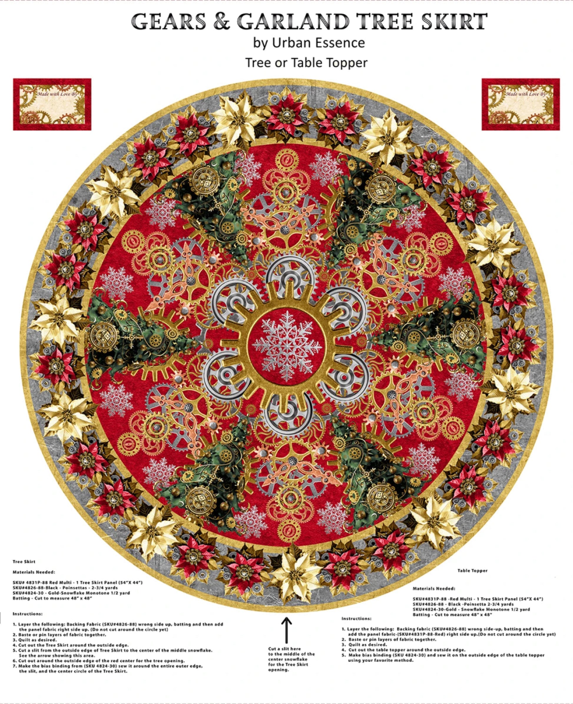 Gears & Garland Tree Skirt-54 Inch Panel-Reds and Golds-Blank Quilting