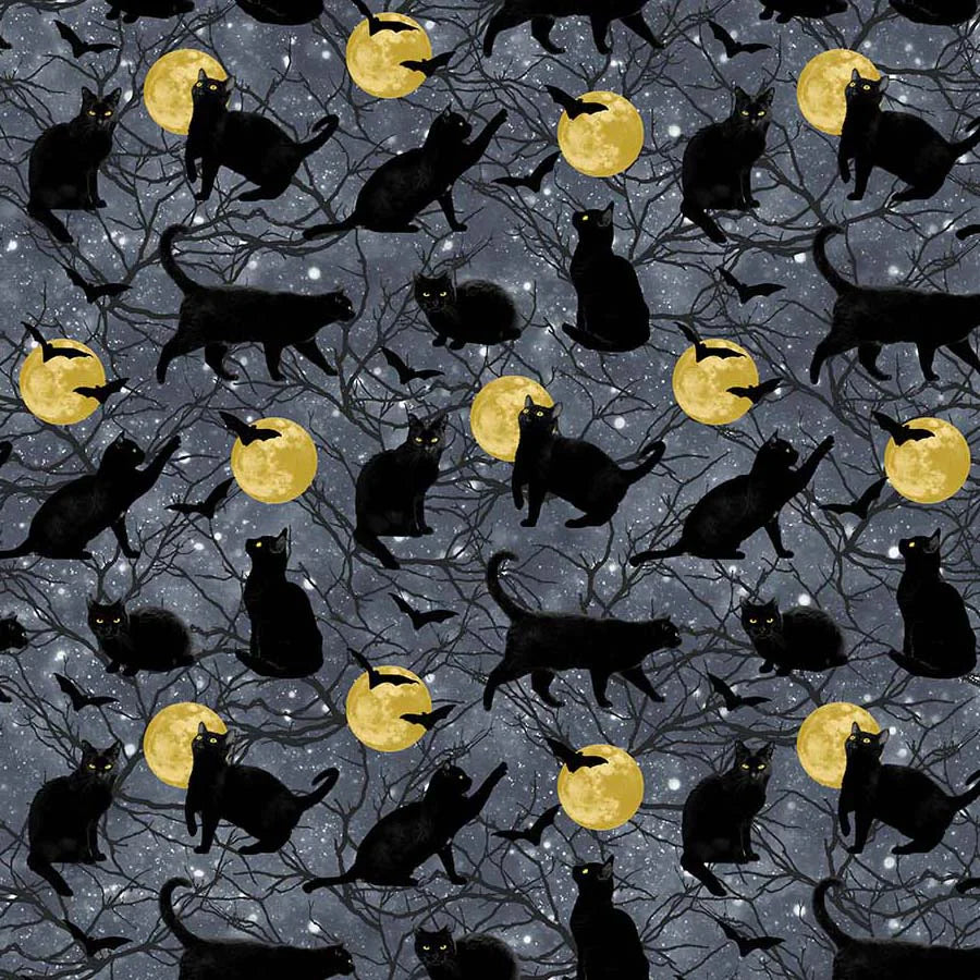 Hocus Pocus-Black Cats & Yellow Moons-BTY-Northcott Fabrics-Digital Print