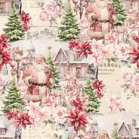 Ivory Christmas Scenic-Blank Quilting-BTY-Poinsettias-Santa-Cabin