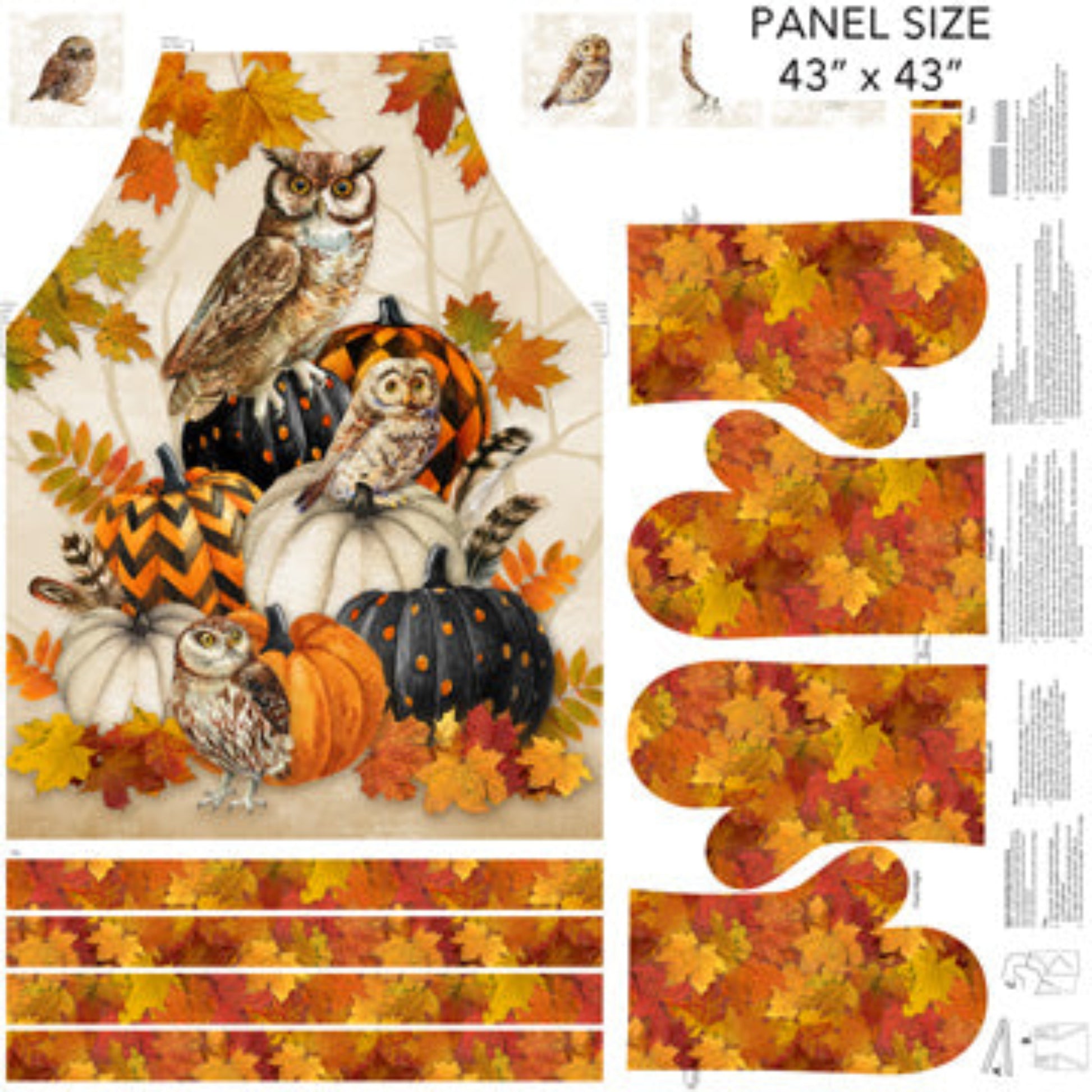 Night Owl Apron Panel-Owls-Pumpkins-Fall Leaves-Northcott Fabrics-Canvas Fabric