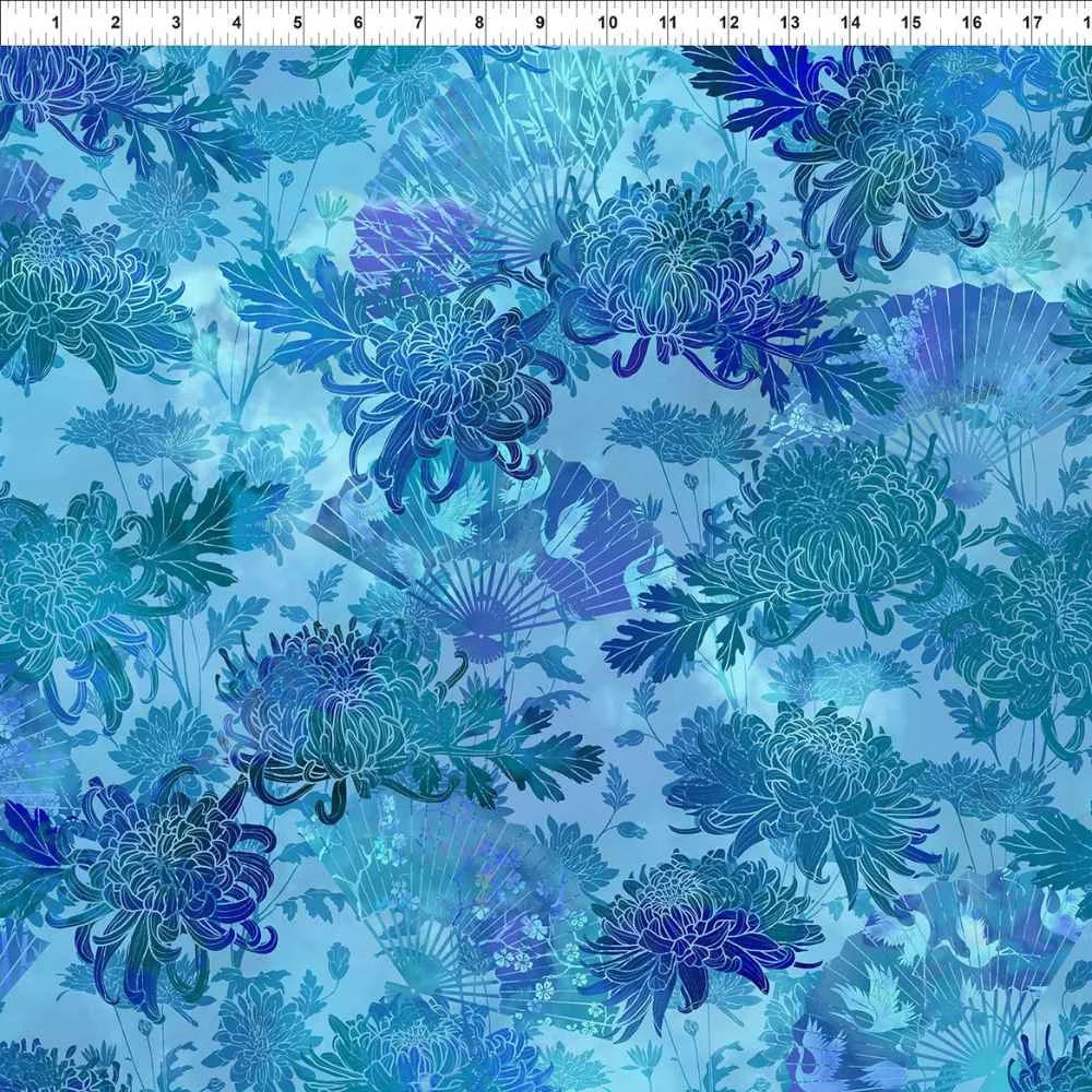 Oriental Gardens - Fans and Mums - Blues -BTY-In The Beginning