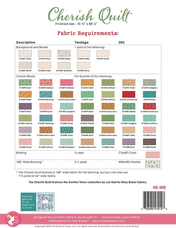 Cherish Quilt Pattern by Lori Holt for It's Sew Emma-Moda Fabrics