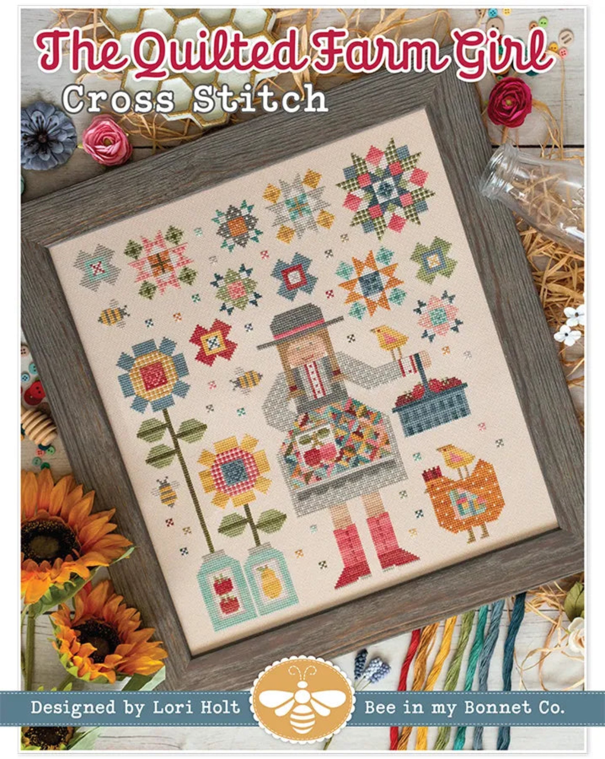 The Quilted Farm Girl Cross Stitch Pattern-Lori Holt-Bee in My Bonnet