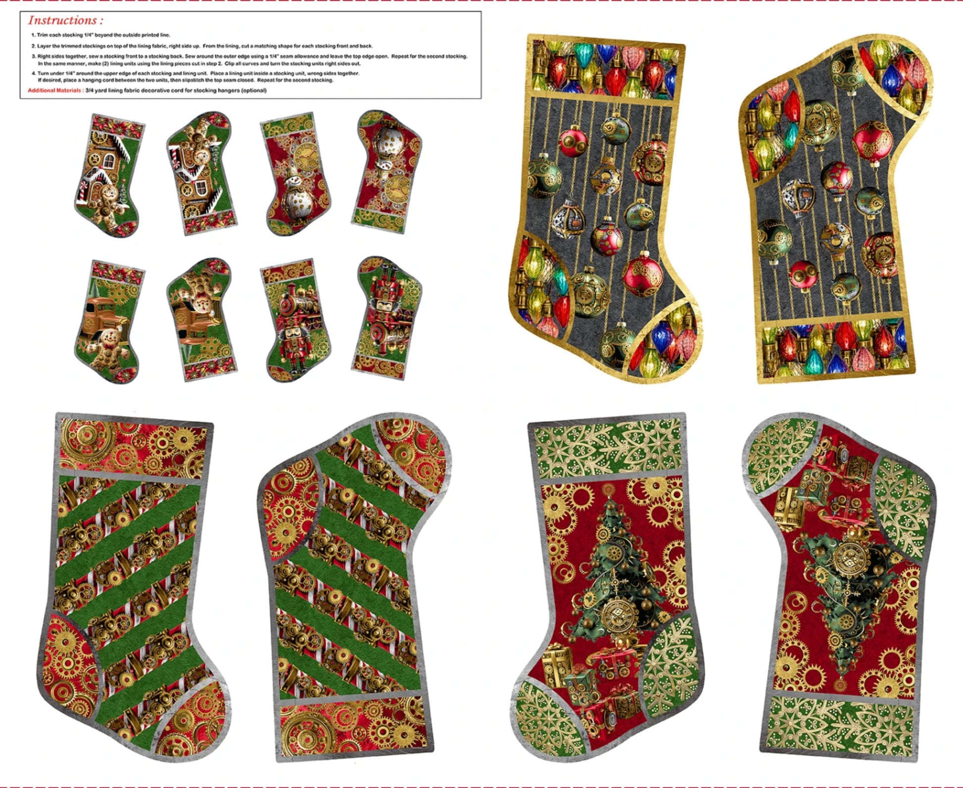 Gears & Garland Stocking Panel-1 Yard Panel-Steampunk Christmas