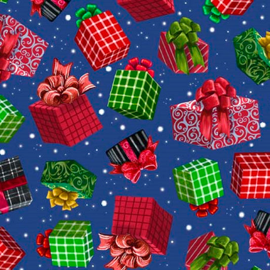 Wrapped Christmas Presents Tossed on a Blue B/G-Quilting Treasures-BTY