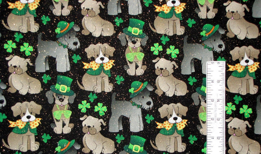 St. Patrick's Day Puppies on Black w/Glitter-Fabric Traditions-BTY