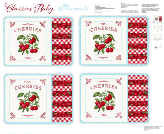 Turquoise-Red Cherry Placemat Panel by Henry Glass- 4 Placemats Per Panel
