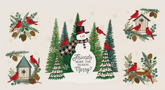 Winter Friends Panel-Moda Fabrics-Snowman-Trees-Birds