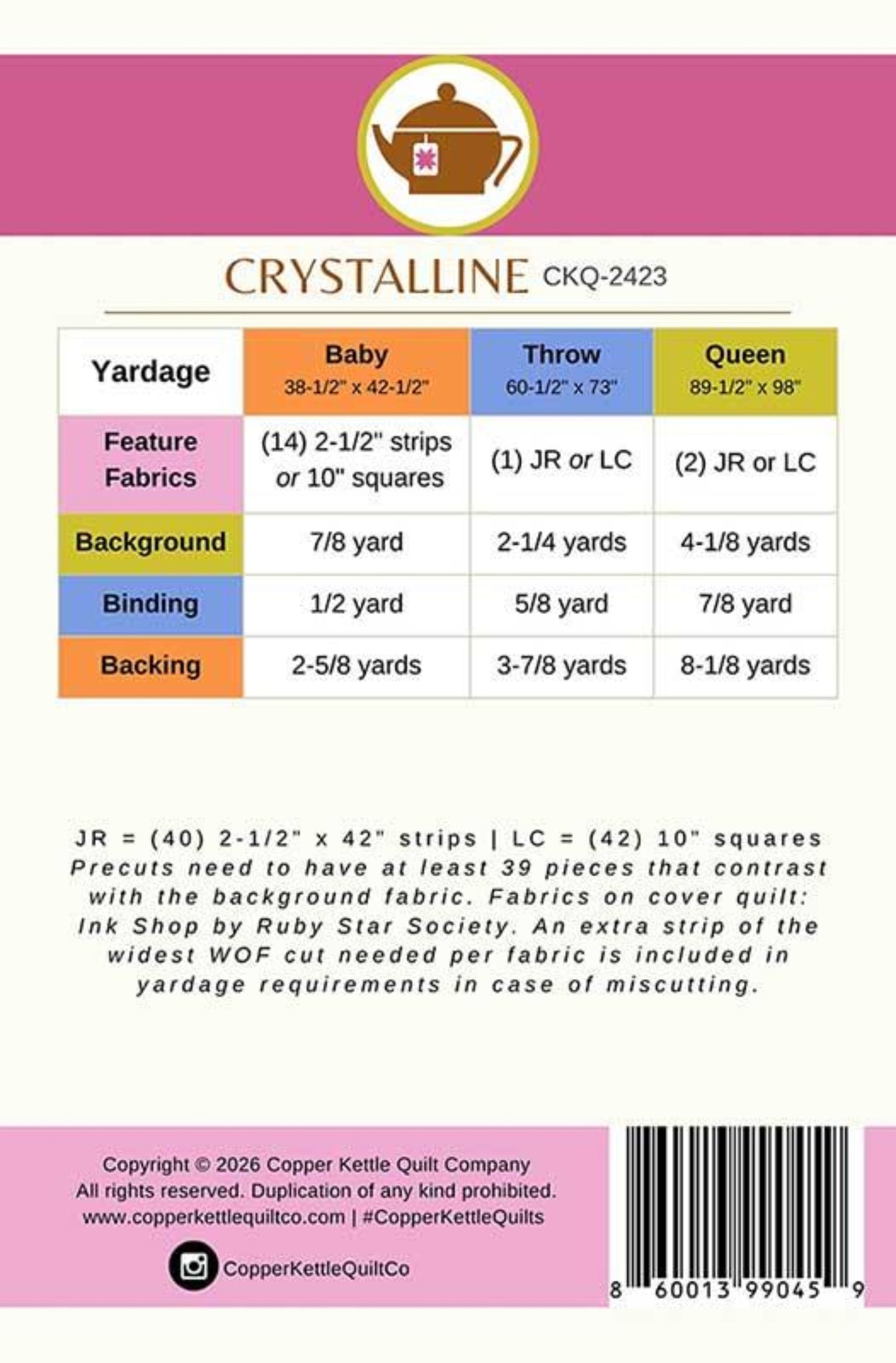 Crystalline Quilt Pattern by Copper Kettle Quilt Co.-Baby-Throw-Queen
