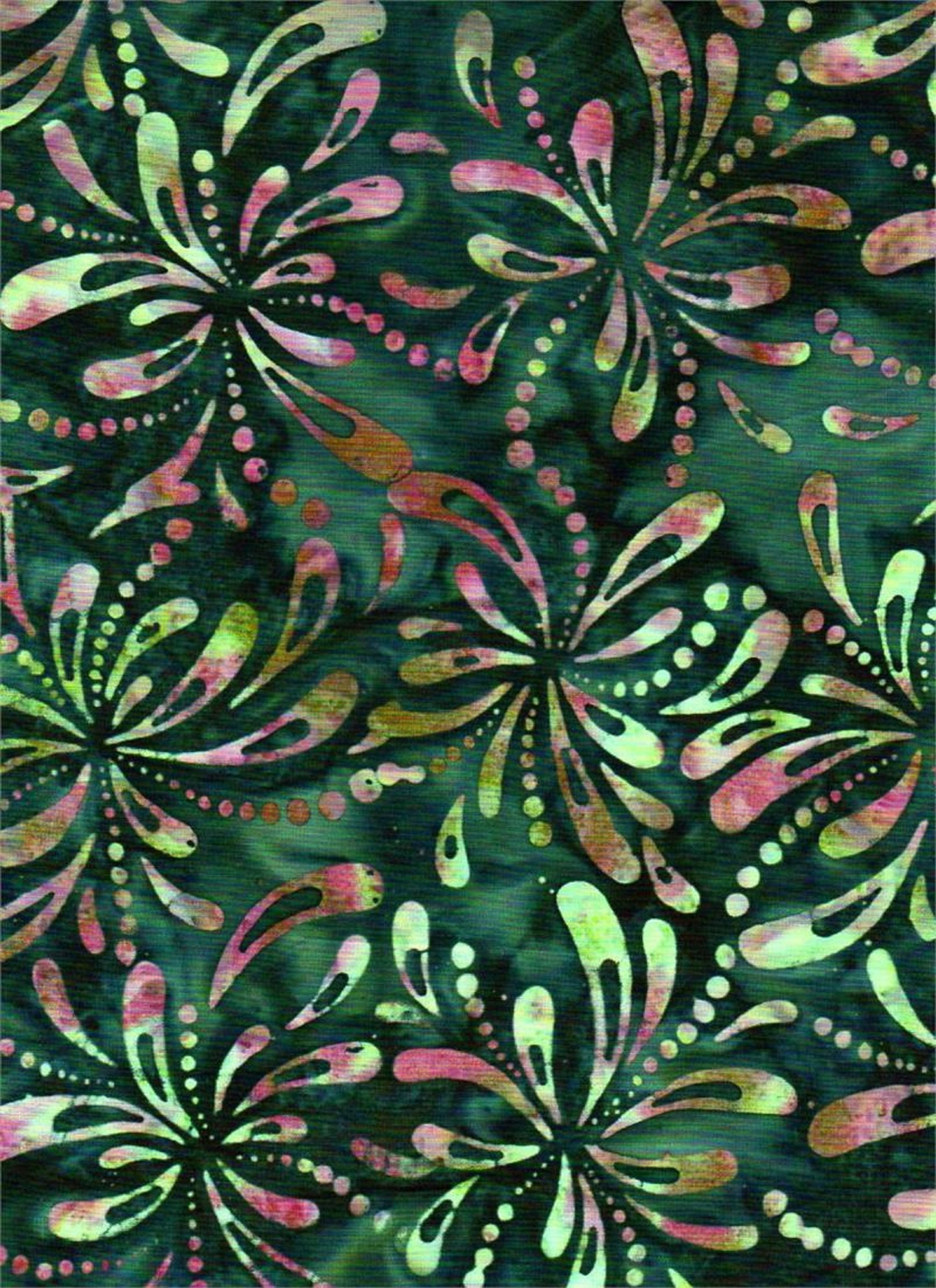 Floral Print on Green B/G-#4723-Batik Textiles-BTY