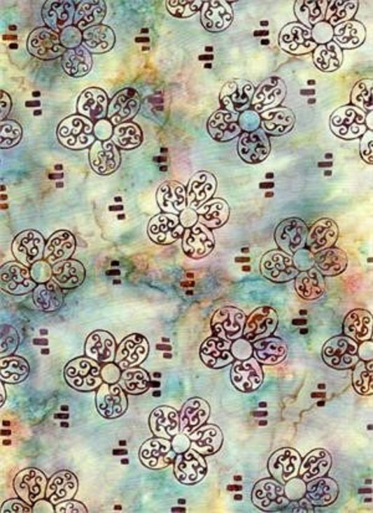 Burgundy Flowers on Multi-Colored B/G-#3563-Batik Textiles-BTY