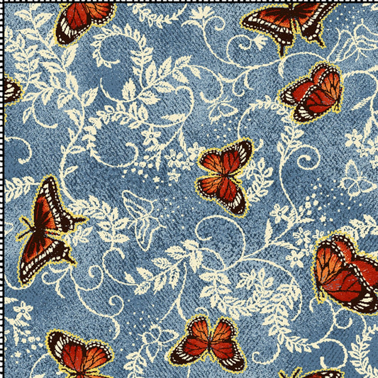 Butterflies on Medium Blue Denim w/While Filigree-BTY-Oasis Fabric-Digital Print
